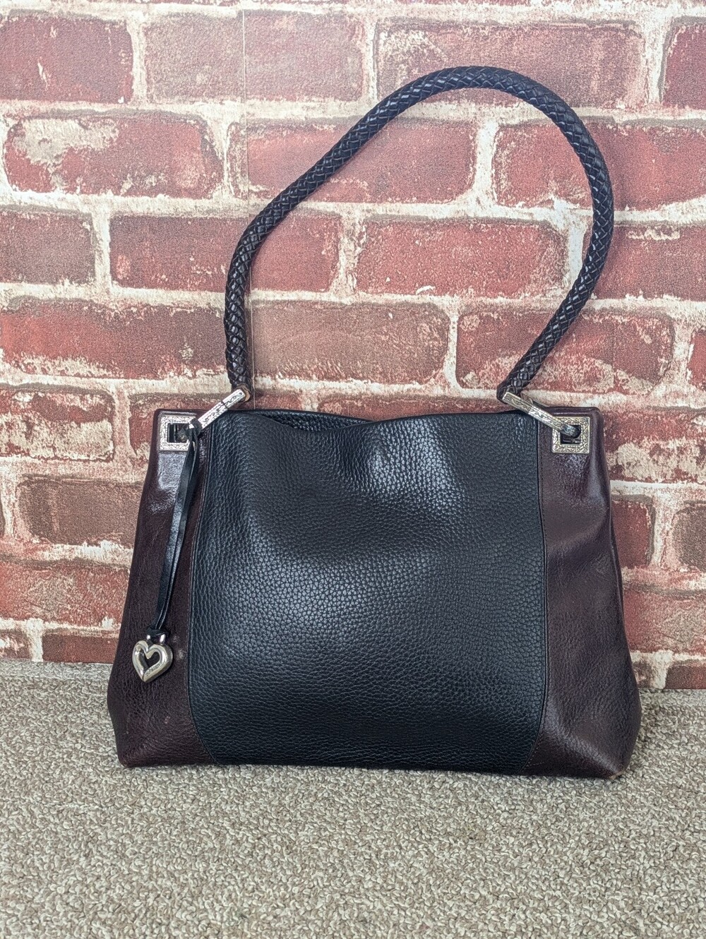 Brighton Vintage Hobo Shoulder Bag Purse Black Brown Braided Leather Plaid